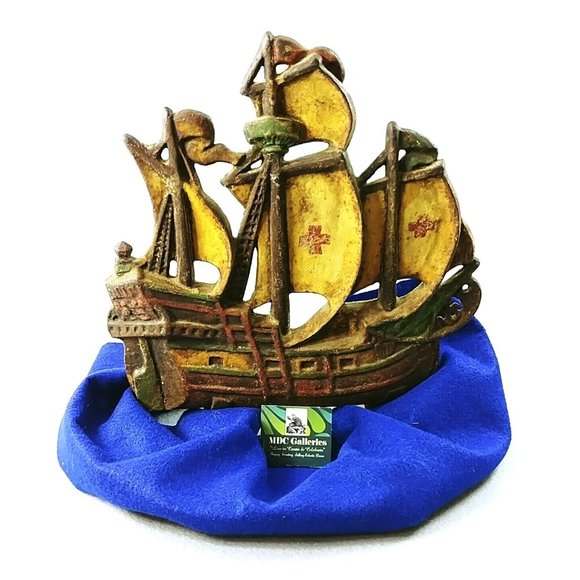 Doorstop Cast Iron Galleon Ship Painted with Red Cross on Sails - Picture 11 of 11